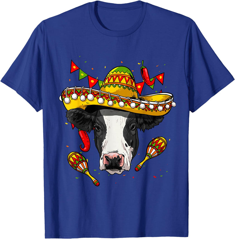 Wowsome! Cinco de Mayo Cow Mexican Lover Sombrero Cow T-Shirt - Royal Blue
