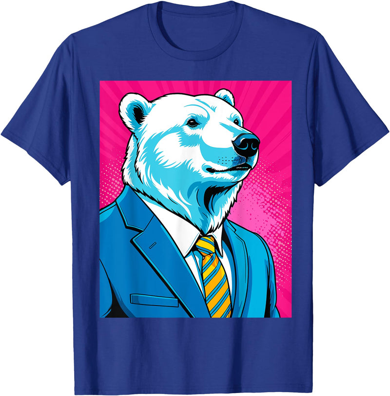 Pop Art Graphic Designs Co. Pop Art Polar Bear in Business Suit T-Shirt - Royal Blue