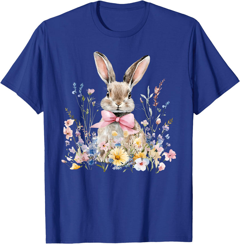Funny Bunny Wildflower Rabbit Eggs Happy Easter Retro Trendy T-Shirt in Royal Blue
