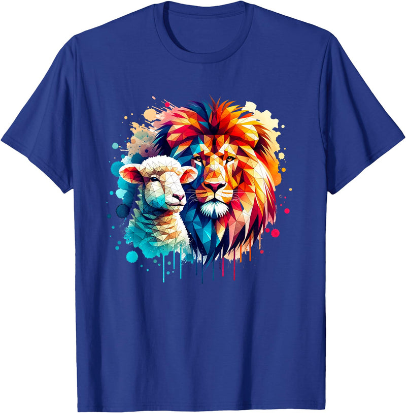 Christian Clothing Lion And Lamb Christian Art Lion And Lamb Geometric Christian Clothing T-Shirt - Royal Blue