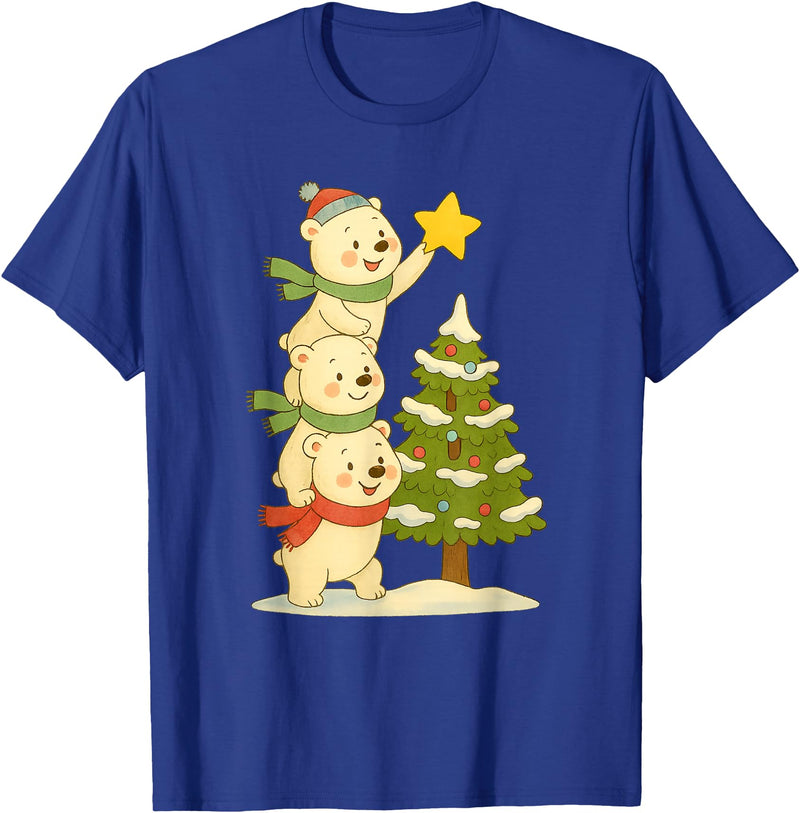 Cute Xmas Bear Cartoon for Kids and Family Cute Polar Bear Stacking Star on Tree Christmas T-Shirt - Royal Blue