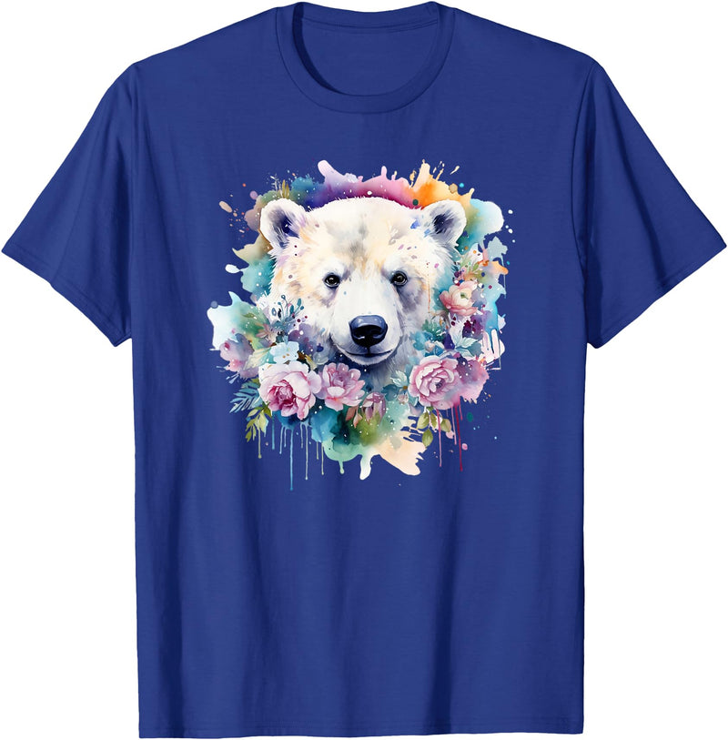 Colorful Polar Bear Kids Arctic Wildlife Painting Polar Bear Floral Watercolor Animal Cute Polar Bear Face T-Shirt - Royal Blue