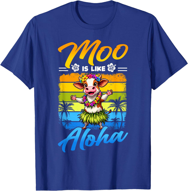 Aloha Animal Hawaii Flower Chain Hula Dance Art Hawaii Animal Haku Lei Grass Skirt Hula Dance Aloha Cow T-Shirt - Royal Blue