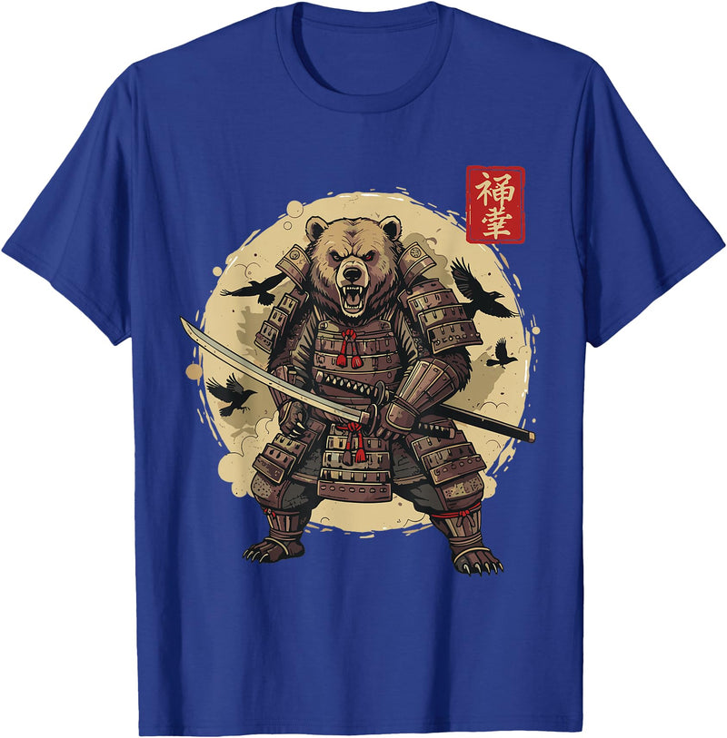 Anime Shirts For Men Women Kids Gifts Samurai Bear Shirt Warrior Vintage Graphic Japanese Men T-Shirt - Royal Blue