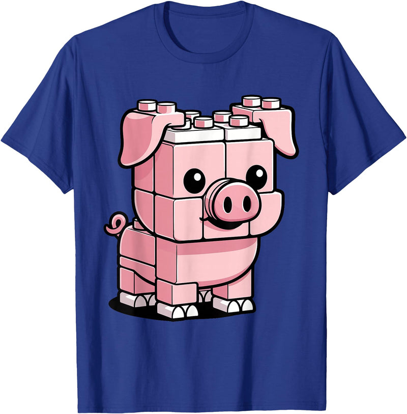 BlockPals DM Funny Pink Brick Pig Building Blocks Farm Animal Character T-Shirt - Royal Blue