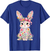 Cute Pink Flower Bunny Rabbit Happy Easter Women Girls T-Shirt in Royal Blue