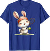 Cute Bunny Rabbit Tennis Player Cartoon Mascot T-Shirt in Royal Blue
