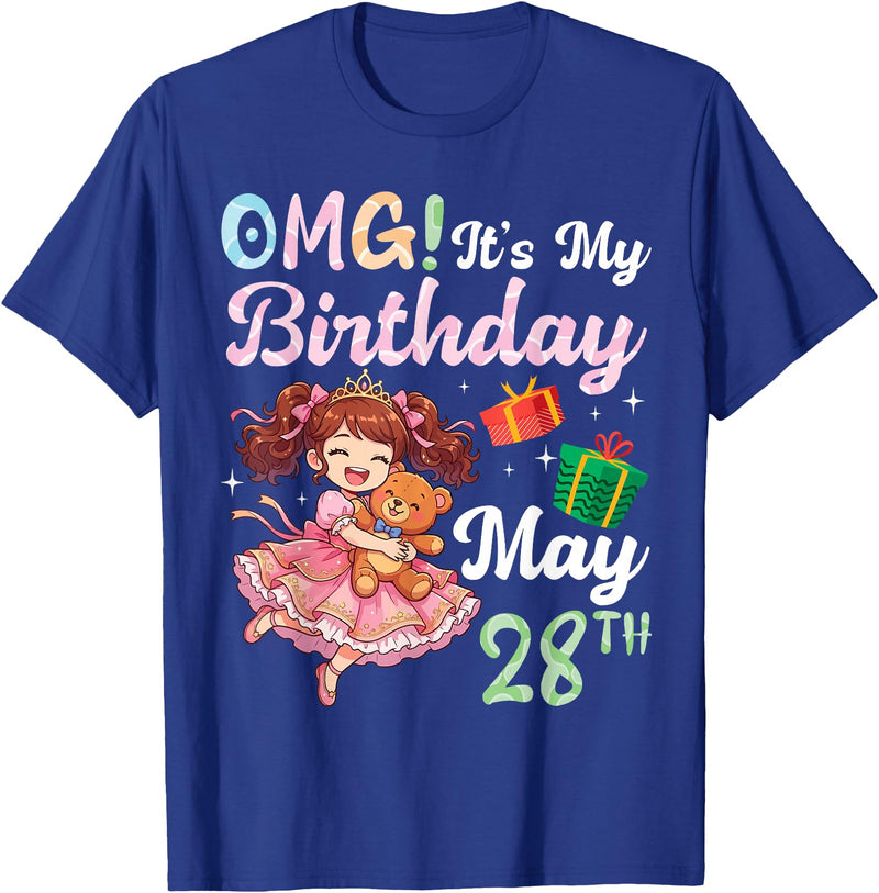H1Shop Happy Birthday Born On May 28 OMG It's My Birthday Born On May 28th Girl with Present Bear T-Shirt - Royal Blue