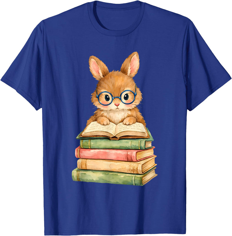 Reading Bunny Rabbit Glasses Book Bookworm Teacher Women T-Shirt in Royal Blue