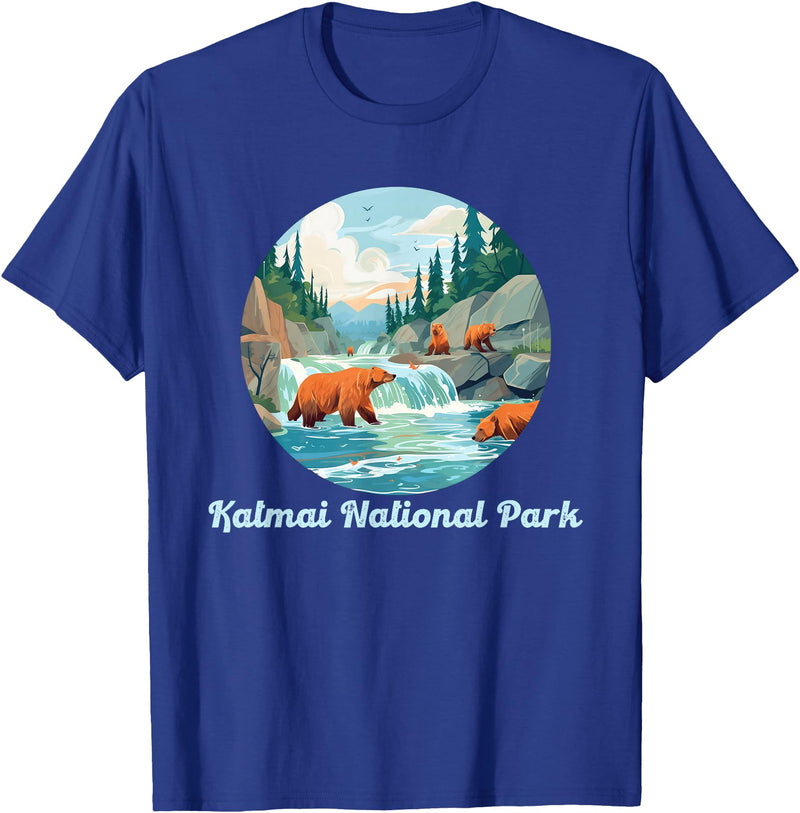 Fun National Parks Alaska Katmai National Park Alaska Brooks Falls Salmon Bears T-Shirt - Royal Blue