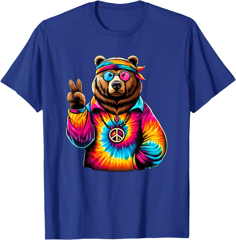 Grizzly Bear Hippie Costumes Peace Sign Tie Dye Grizzly Bear T-Shirt - Royal Blue