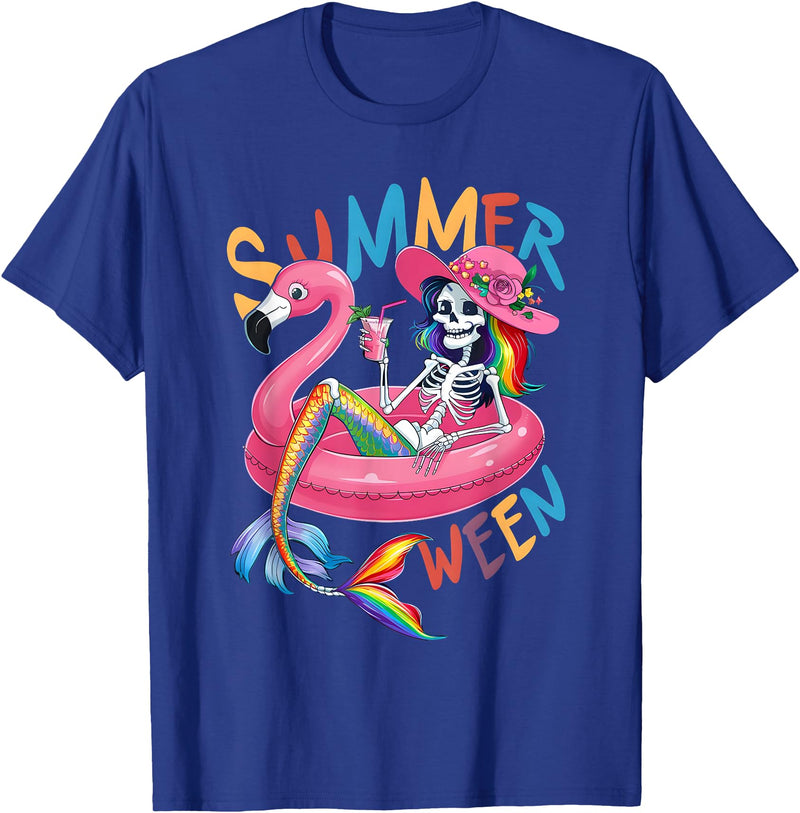 Summer Halloween Summerween Summerween Mermaid Skeleton Flamingo Summer Halloween Women T-Shirt - Royal Blue