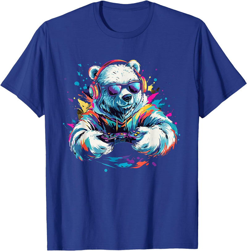Colorful artistic polar bear gamer animal motifs Gaming Polar Bear Colorful Headset Art Gamer Polar Bear T-Shirt - Royal Blue