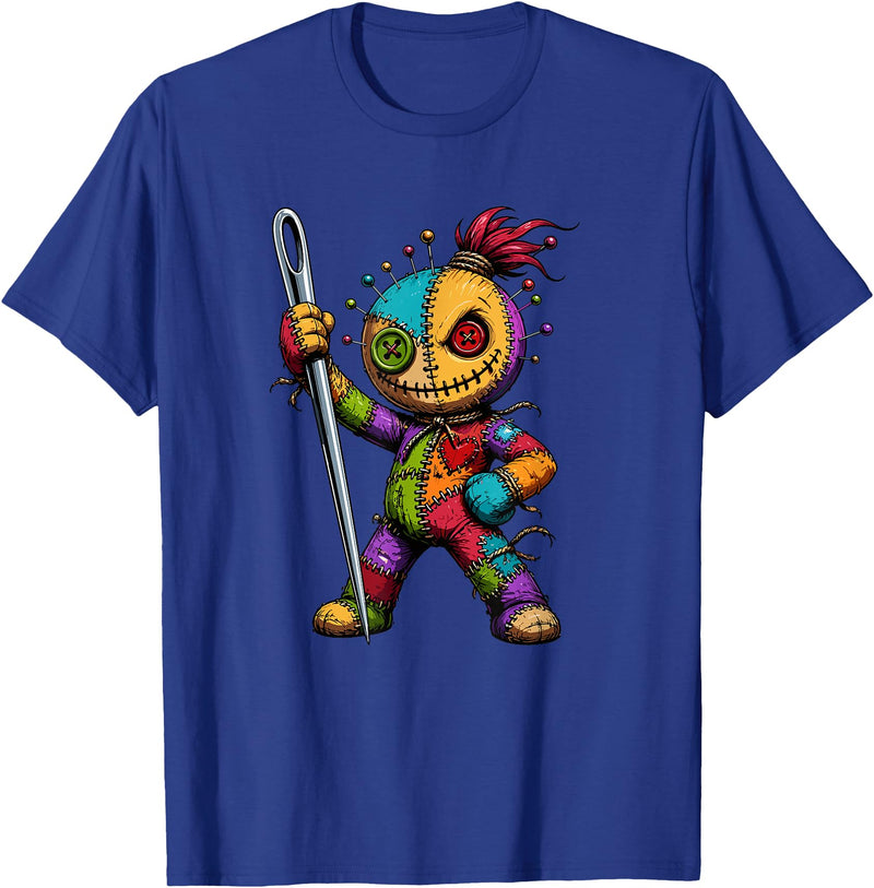 Colorful Voodoo Doll Patchwork Horror Halloween Creepy Rainbow Voodoo Doll with Needle Halloween T-Shirt - Royal Blue
