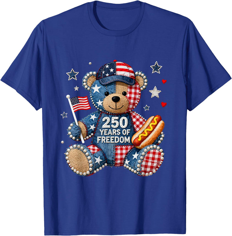 Patriotic Bear USA Vintage Co 250 Years of Freedom Patriotic Bear USA Retro T-Shirt - Royal Blue