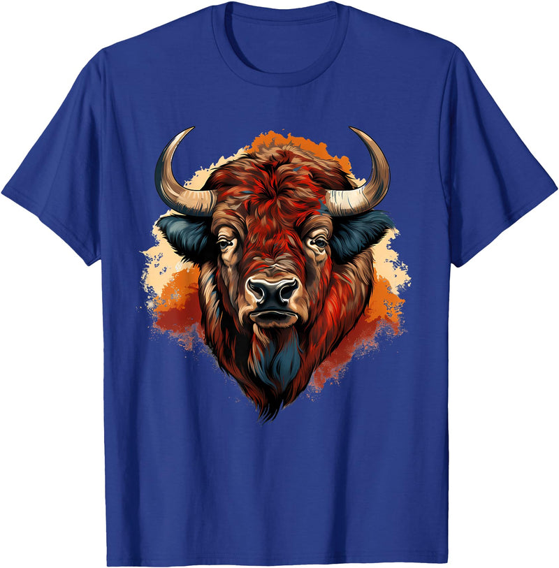 Safari Animal Art Buffalo Portrait Bison Drawing Splash Artwork Animal Print T-Shirt - Royal Blue
