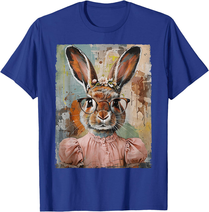 Happy Easter Bunny Rabbit Flower Graphic Art Girl Women T-Shirt in Royal Blue