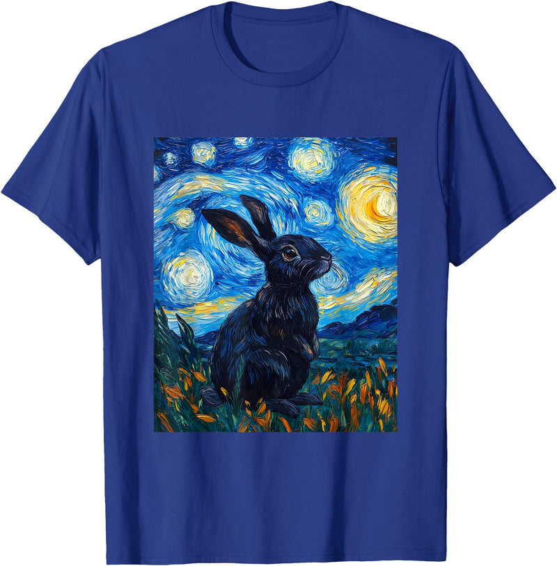 Bunny Rabbit Van Gogh Style Starry Night Cute Graphic T-Shirt in Royal Blue
