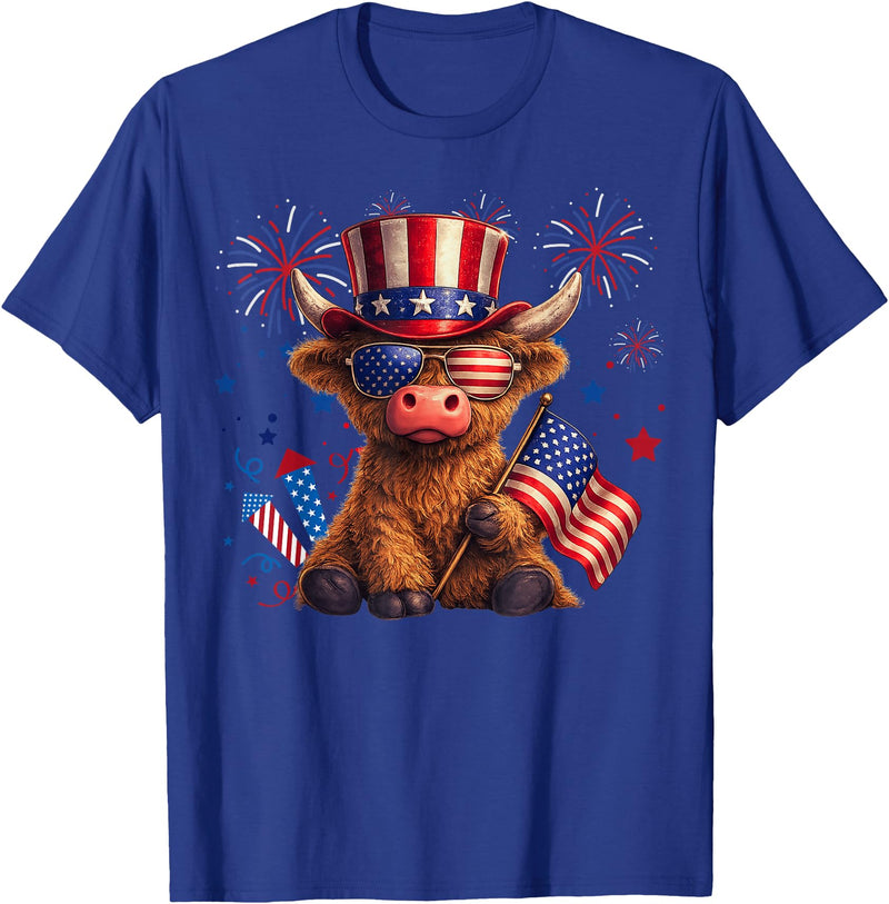 Funny Highland Cow Graphic Tee Men Women Highland Cow 4th of July Vintage American Flag T-Shirt - Royal Blue