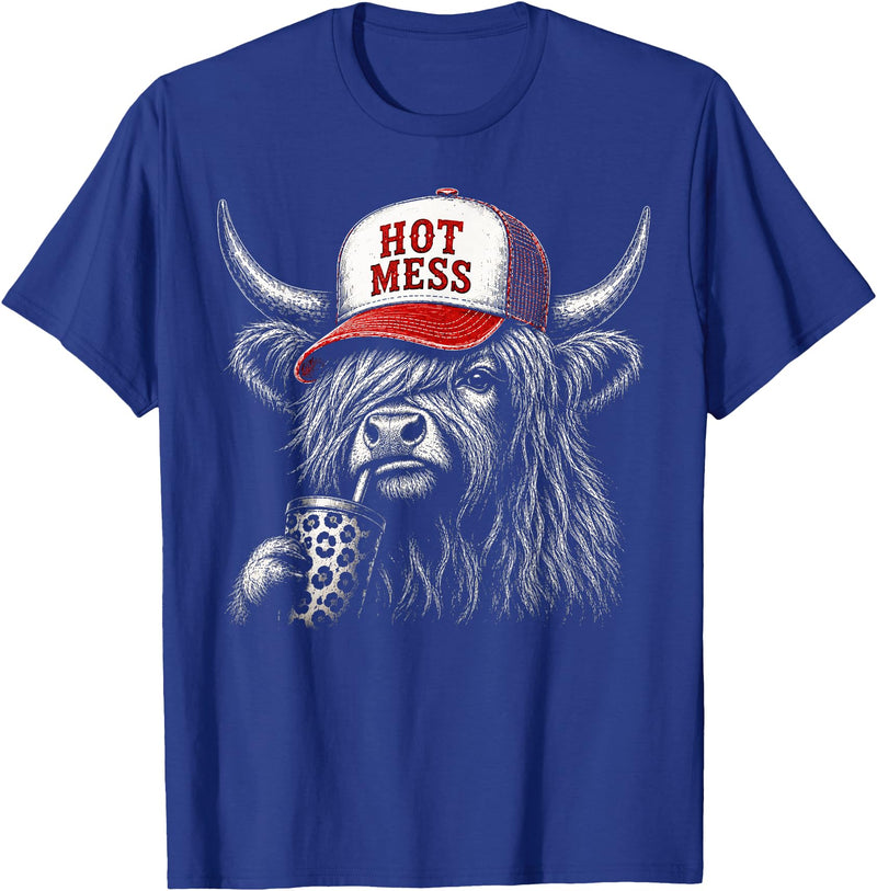 Hot Mess Highland Cow Humor Tee Co. Hot Mess Highland Cow Funny Cute Coffee Lover Graphic T-Shirt - Royal Blue