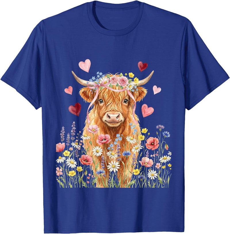 Floral Scottish Highland Cow Farm Animals Cute Highland Cow Women Girls Kid Scottish Cow Highland Cow T-Shirt - Royal Blue