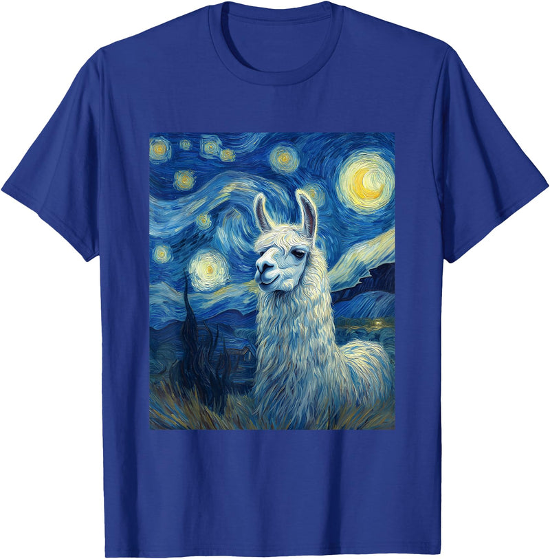 Llama Designs. Llama Alpaka Van Gogh Style Starry Night Funny Graphic T-Shirt - Royal Blue