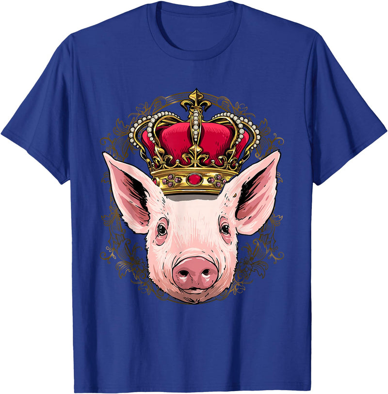 Wowsome! King Pig Wearing Crown - Queen Pig Animal T-Shirt - Royal Blue