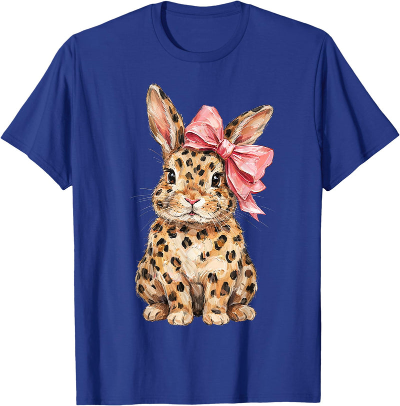 Cute Bunny Leopard Coquette Bow Rabbit Easter Women Girls T-Shirt in Royal Blue