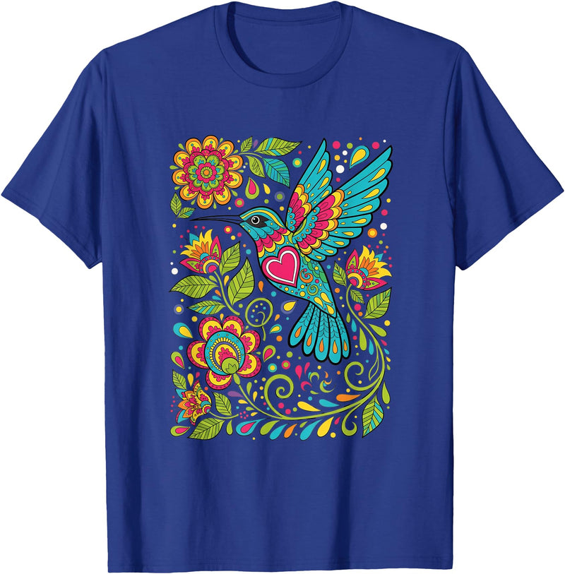 FolkFlight Design Co Bird Hummingbird Floral Folk-Art Colorful T-Shirt - Royal Blue