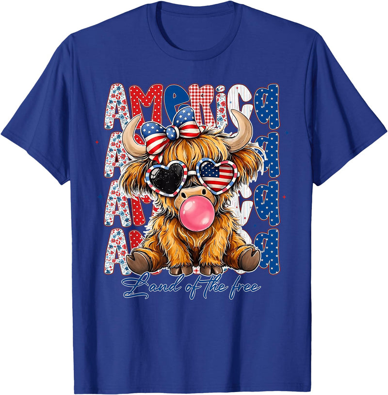 Cute Cow Creations Highland Cow 4th of July, Patriotic Cowgirl Bow Design T-Shirt - Royal Blue