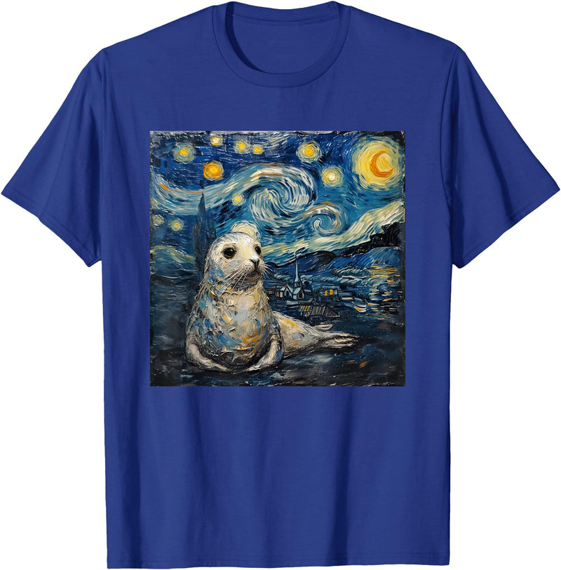 Seal Sea Lion Lover Co Seal Sea Lion Van Gogh Style Starry Night T-Shirt - Royal Blue
