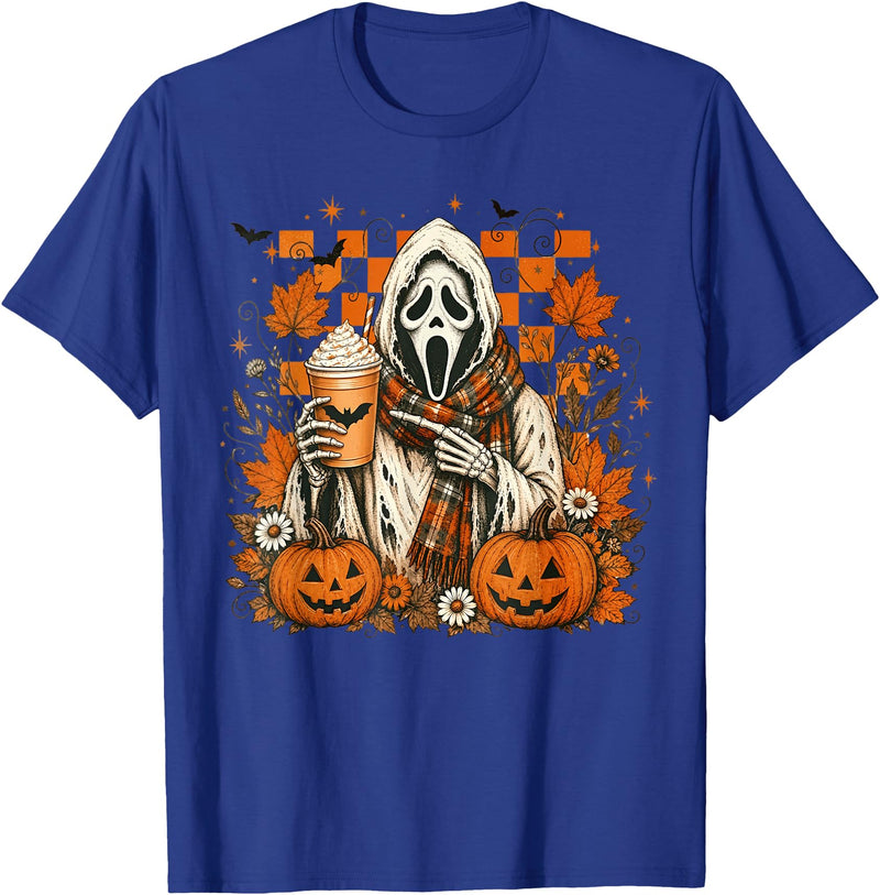 Halloween Pumpkin Ghost Autumn Leaves Graphic Cute Spooky Ghost Fall Halloween Coffee Latte Autumn Pumpkin T-Shirt - Royal