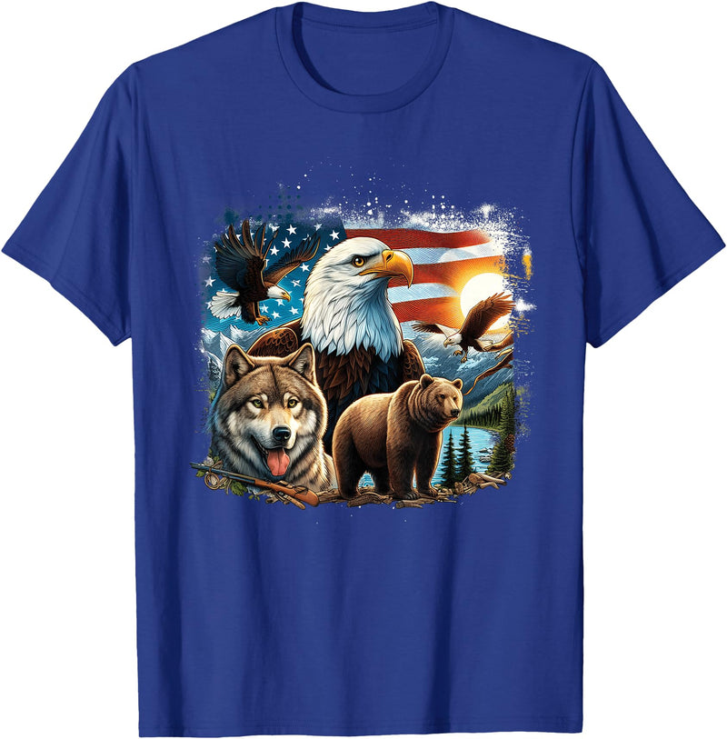USA Animals Bald Eagles Grizzly Bear Wolf Wilderness Nature T-Shirt - Royal Blue