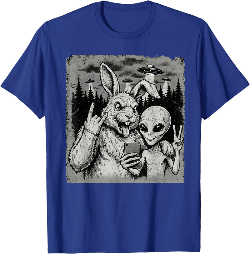 Funny Rabbit and Alien Rock on Hand Sign UFO Selfie T-Shirt in Royal Blue