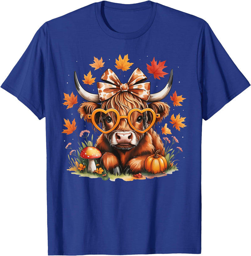 Fall Highland Cow Bow ThanksGiving Ades.shirt Fall Highland Cow Pumpkin Bow Thanksgiving Fall Girl Women T-Shirt - Royal Blue