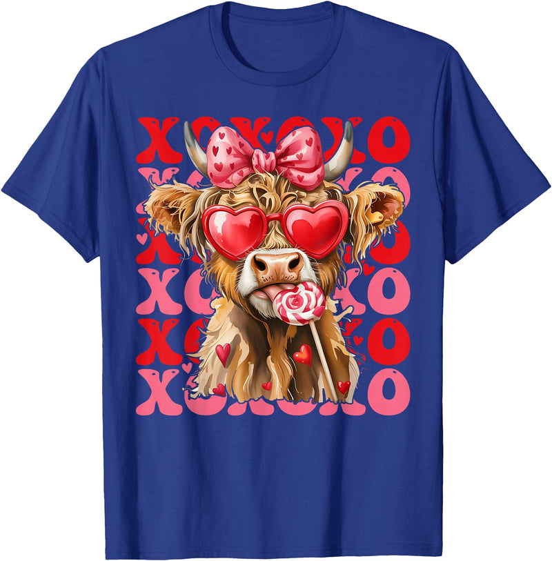 Valentine XOXO Highland Cow Fng Valentine XOXO Highland Cow Cute Coquette Bow Western T-Shirt - Royal Blue