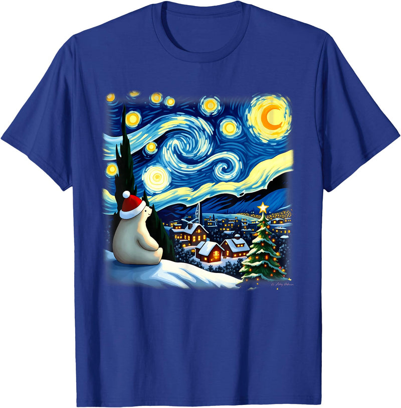 Van Gogh Polar Bear Xmas Tees Christmas Polar Bear Starry Night T-Shirt - Royal Blue