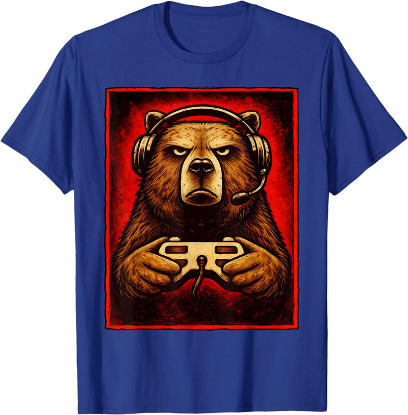 Funny Gaming Bear Gamer Graphic Gamer Bear Graphic Funny Gaming Animal Grizzly Bear Costume T-Shirt - Royal Blue