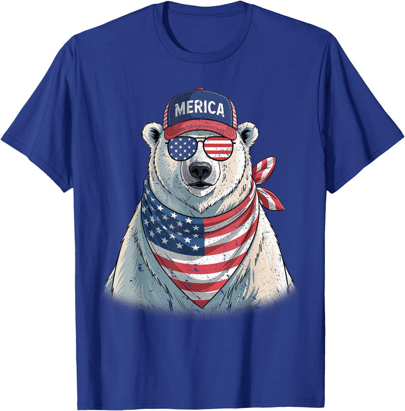 Retro Merica Polar Bear USA July Fourth Polar Bear 4th of July US American Flag Patriotic T-Shirt - Royal Blue
