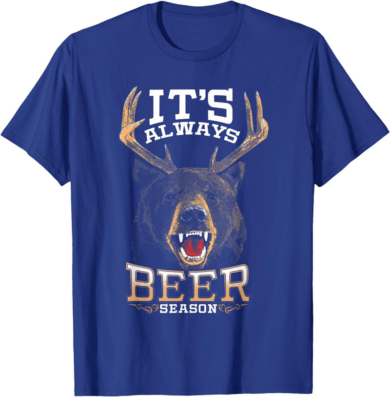 Hunted Apparel It's Always Beer Season Bear Deer Beer Funny Hunter Hunting T-Shirt - Royal Blue