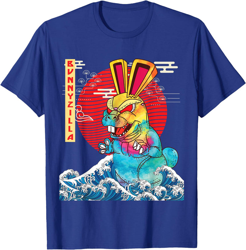 BunnyZilla Vintage Funny Cute Rabbit Art Japanese Sunset T-Shirt in Royal Blue