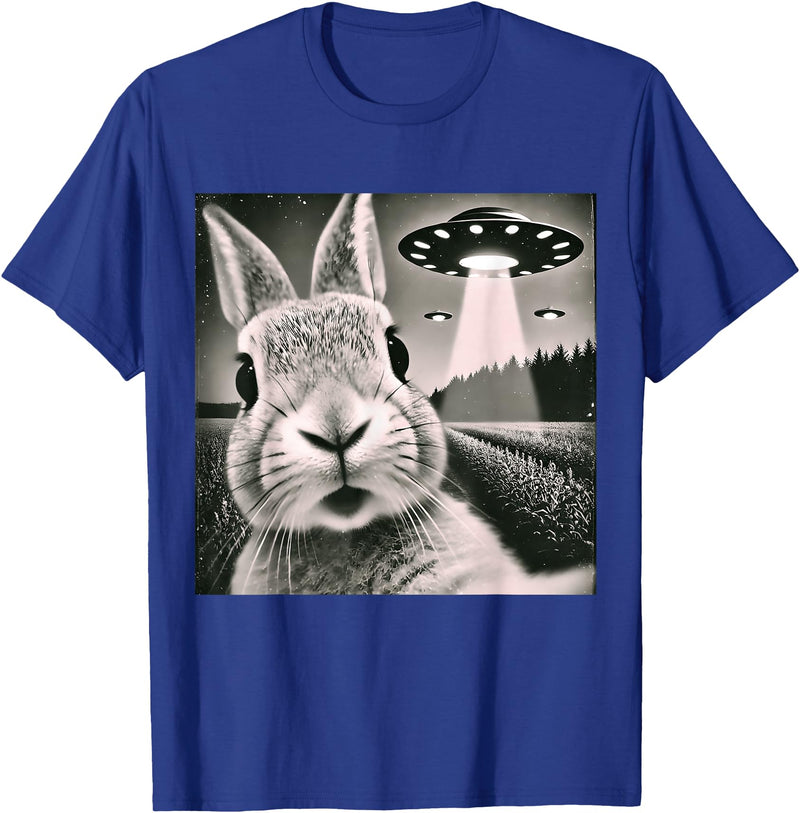 Funny Rabbit Bunny Selfie UFOs T-Shirt in Royal Blue