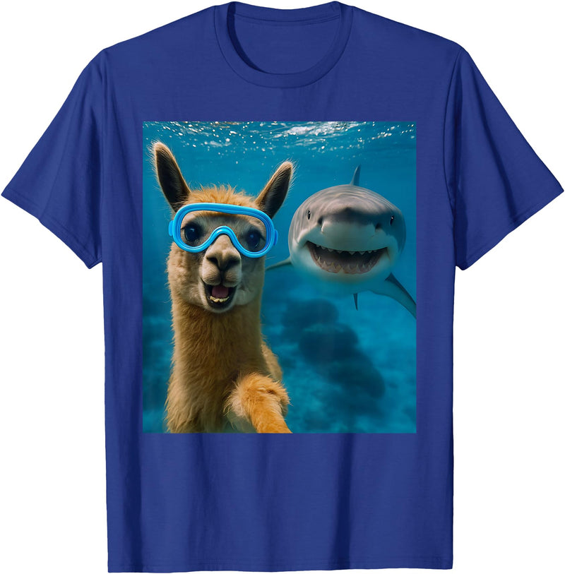 Selfie Llama and Shark Summer Scuba Diving Funny Llama Selfie with Shark Ocean Lovers T-Shirt - Royal Blue