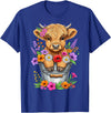 Funny Highland Cow Lovers Cute Baby Highland Cow Bucket Floral Farm T-Shirt - Royal Blue