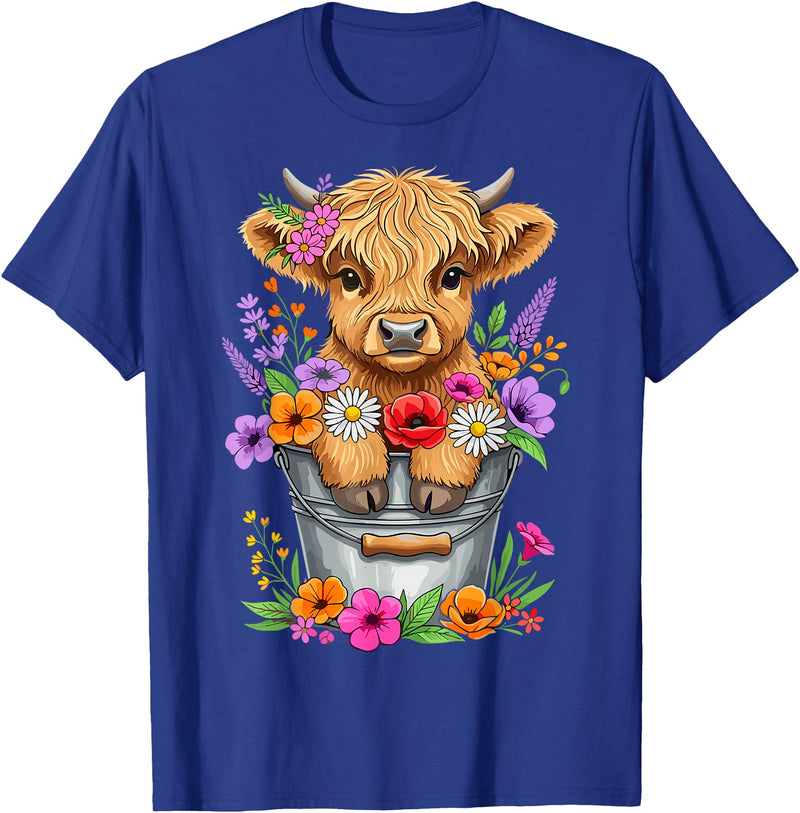 Funny Highland Cow Lovers Cute Baby Highland Cow Bucket Floral Farm T-Shirt - Royal Blue