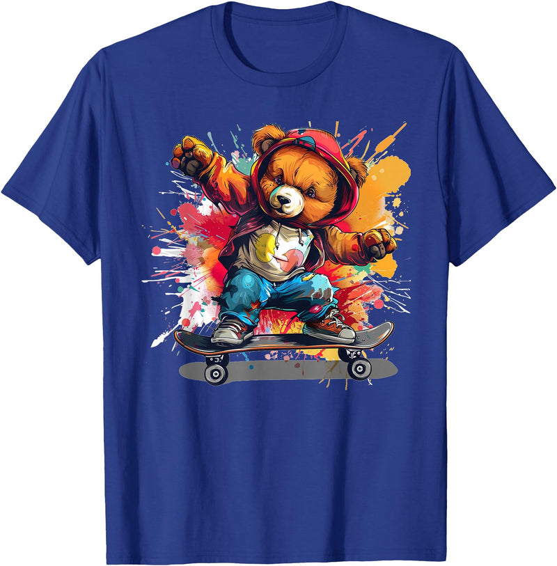 Cool Teddy with skateboard Colourful Splash with Skateboard Teddy Bear Outfit T-Shirt - Royal Blue