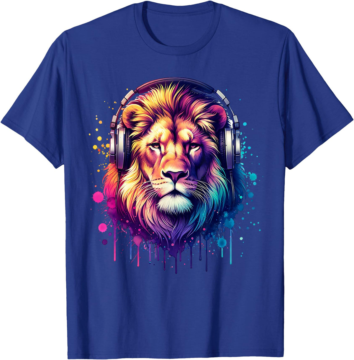 Funny Animal With Headphones Lion With Headphones T-Shirt - Royal Blue
