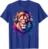 Funny Animal With Headphones Lion With Headphones T-Shirt - Royal Blue