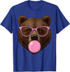 Bear Face Wearing Glasses Apparel For Women ladies Cute Bear Face Eating Gum and Makes Bubble Funny Bears Women T-Shirt - Royal Blue