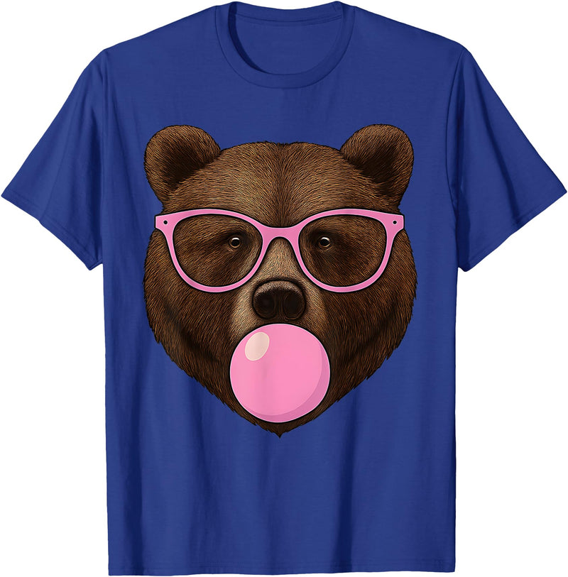 Bear Face Wearing Glasses Apparel For Women ladies Cute Bear Face Eating Gum and Makes Bubble Funny Bears Women T-Shirt - Royal Blue